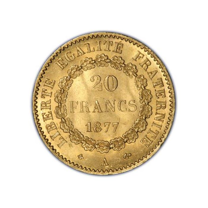 20 Francs France Gold Coin Lucky Angel 1877 AU .1867oz