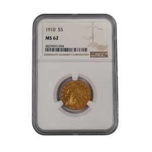 $5 Indian Head Gold Half Eagle Coin 1910 NGC MS62