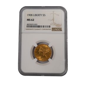 $5 Liberty Head Gold Half Eagle Coin 1908 NGC MS62