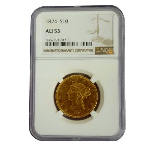 $10 Liberty Head Gold Eagle Coin 1874 NGC AU 53